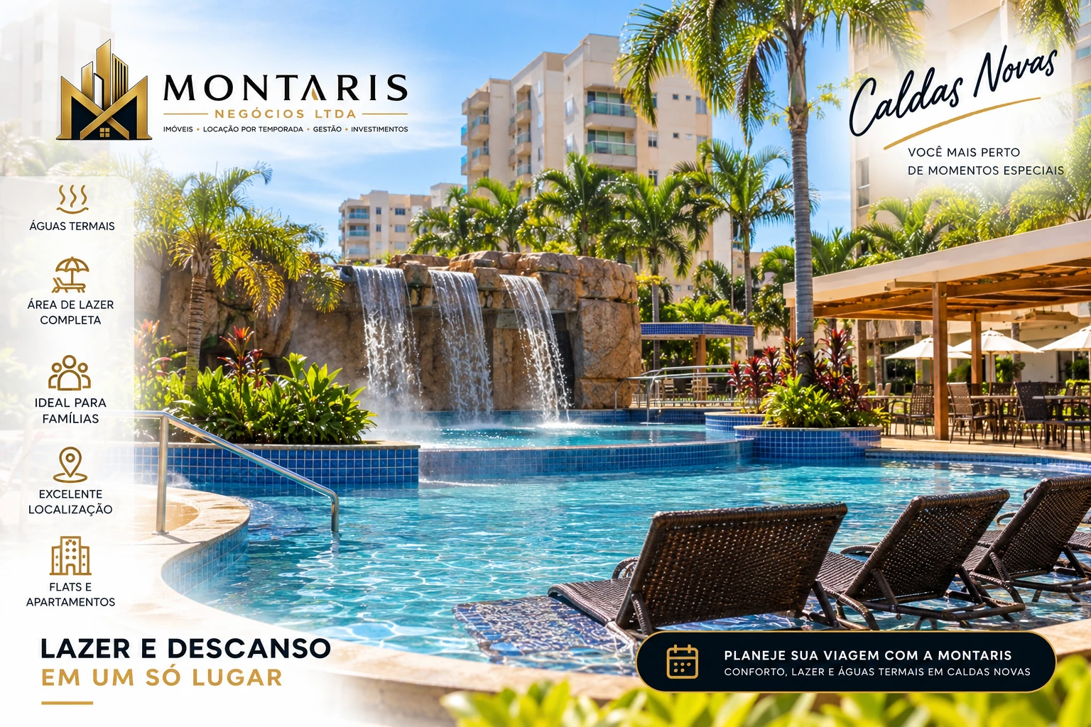 Hospedagem com águas termais em Caldas Novas com piscinas, área de lazer e apartamentos