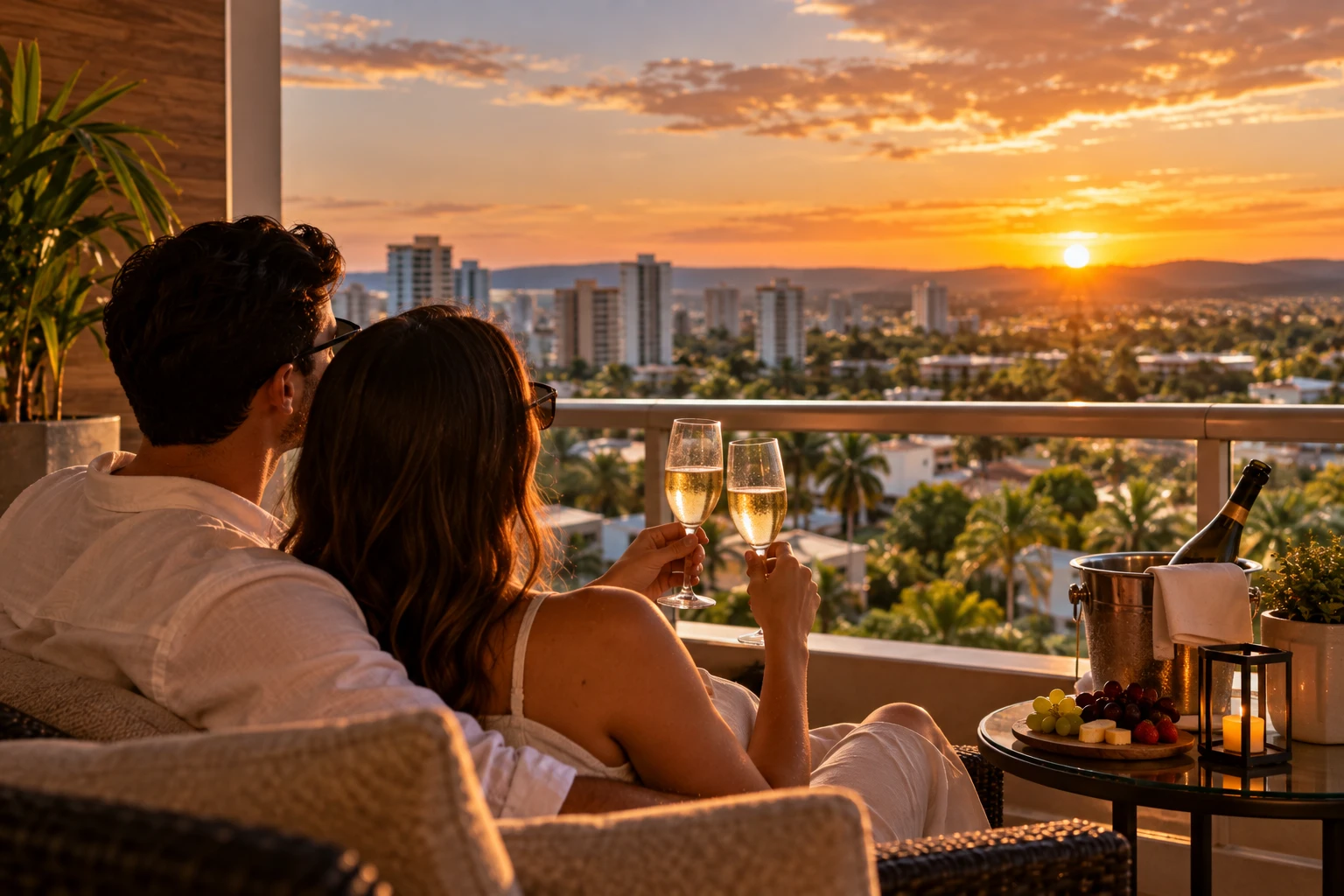 Casal aproveitando o pôr do sol durante hospedagem para casal em Caldas Novas