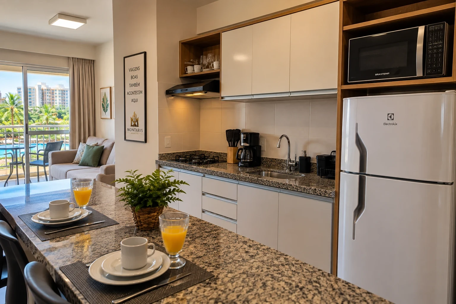 Apartamento para hospedagem com cozinha em Caldas Novas com geladeira, micro-ondas e bancada
