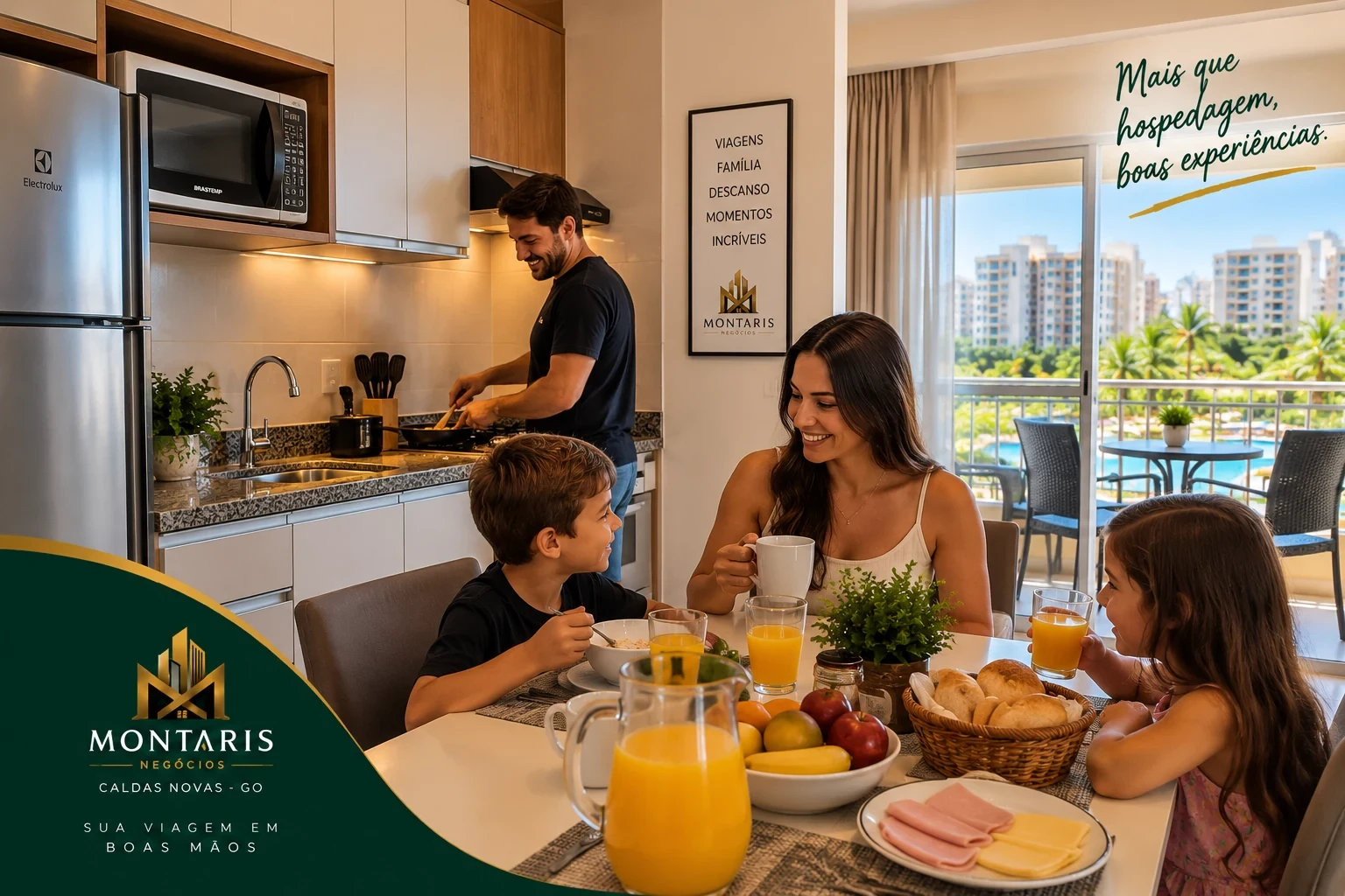 Família preparando refeição em hospedagem com cozinha em Caldas Novas