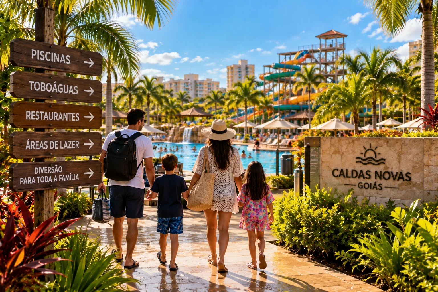 Família visitando parque aquático durante hospedagem perto dos parques em Caldas Novas
