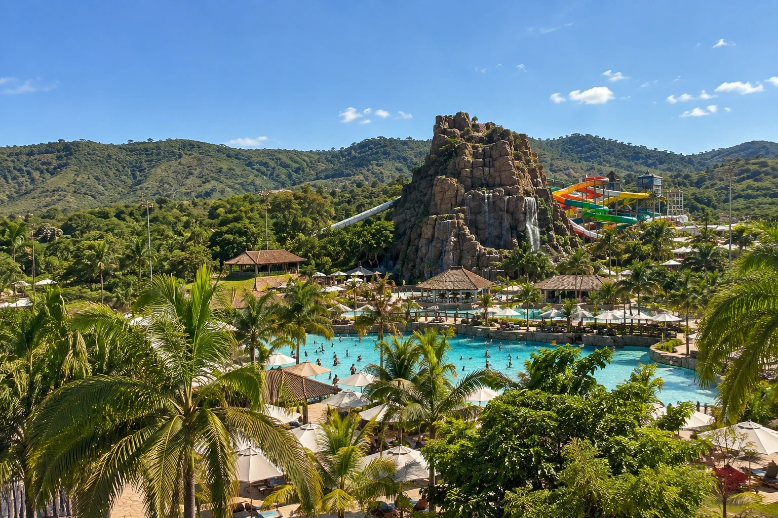Paisagem ilustrativa do Hot Park em Rio Quente com piscinas, toboáguas e vegetação