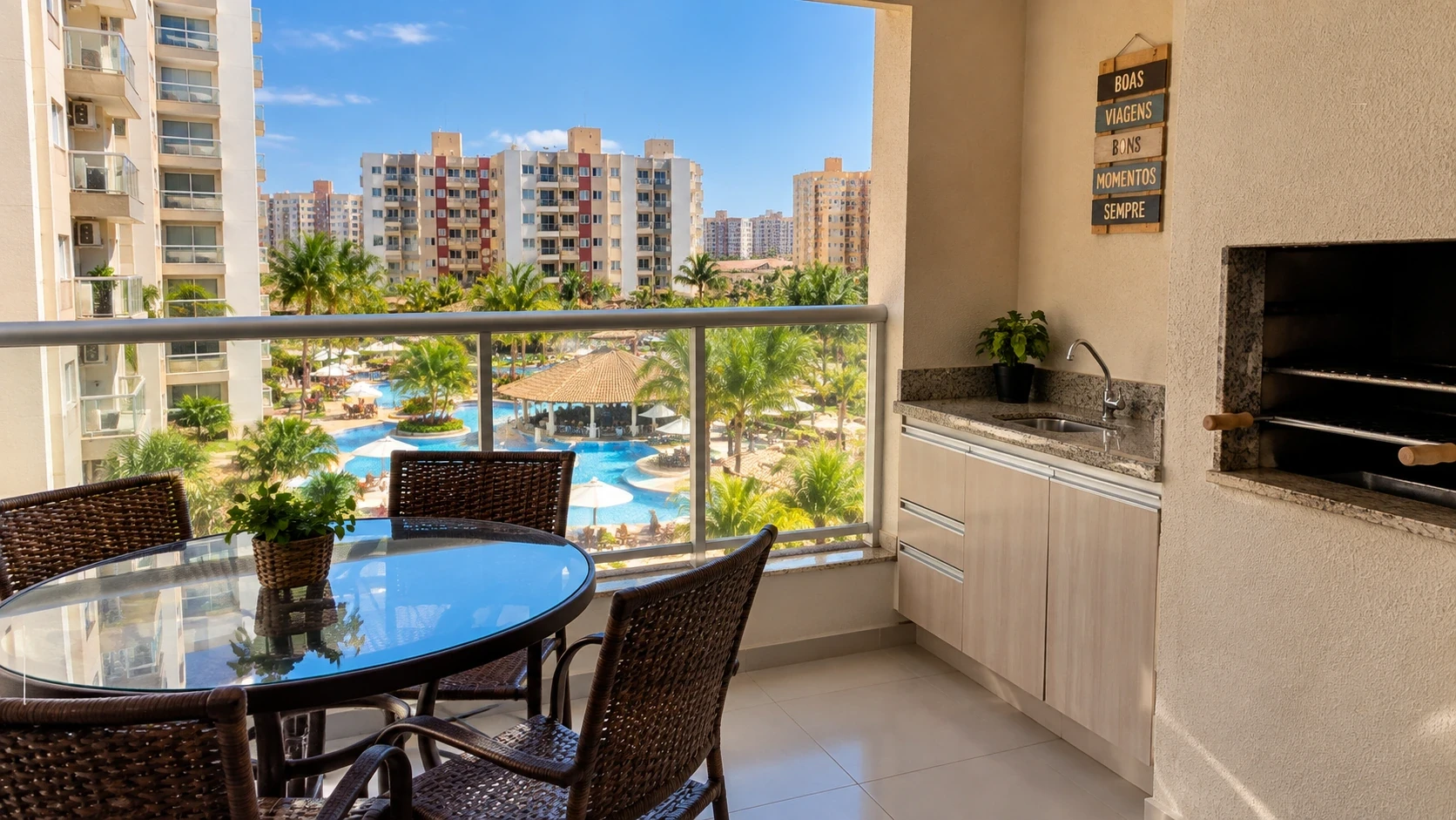 Hospedagem na alta temporada em Caldas Novas com apartamento, varanda e vista para área de lazer