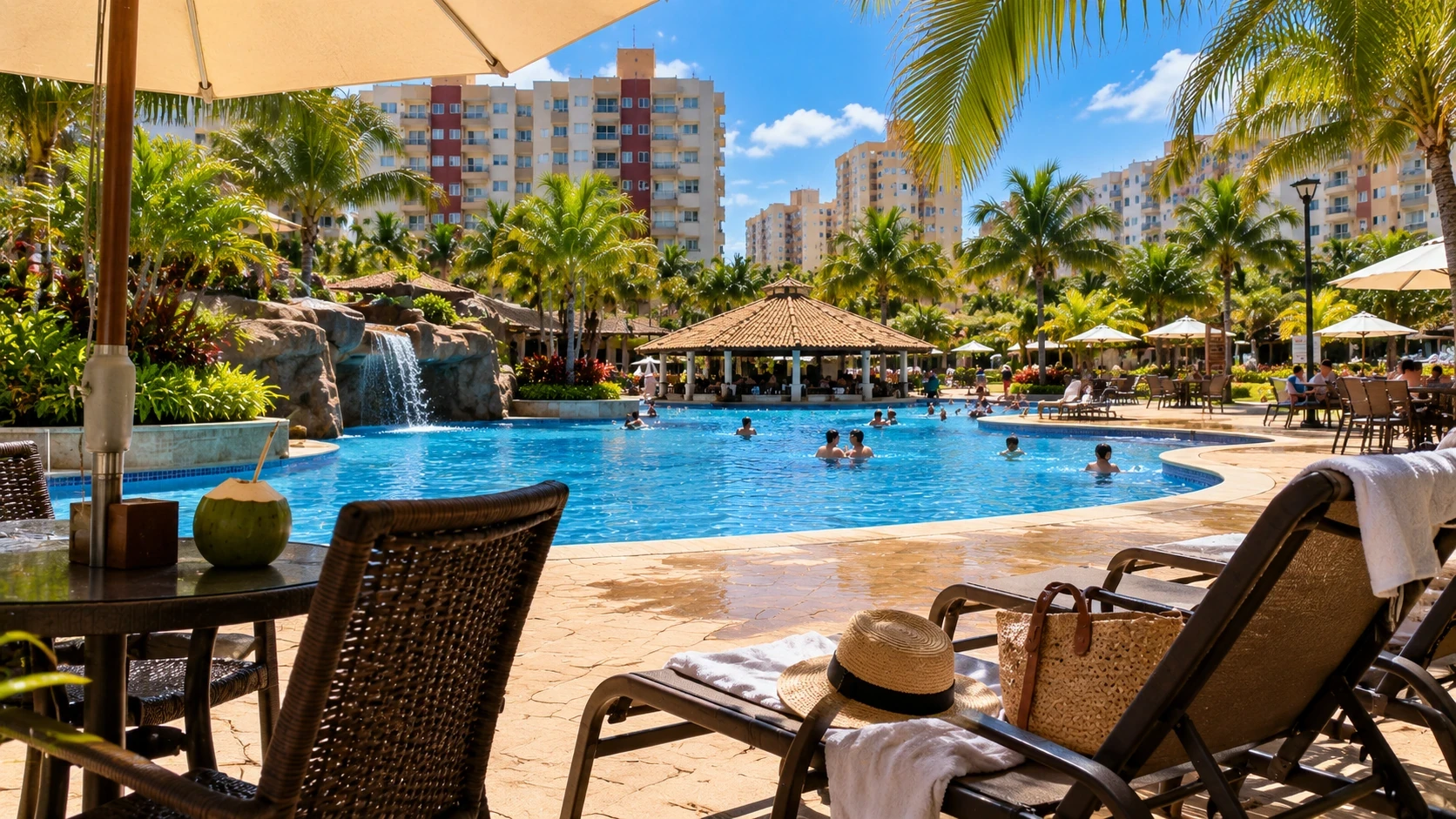 Primeira viagem a Caldas Novas com hospedagem, piscinas e área de lazer