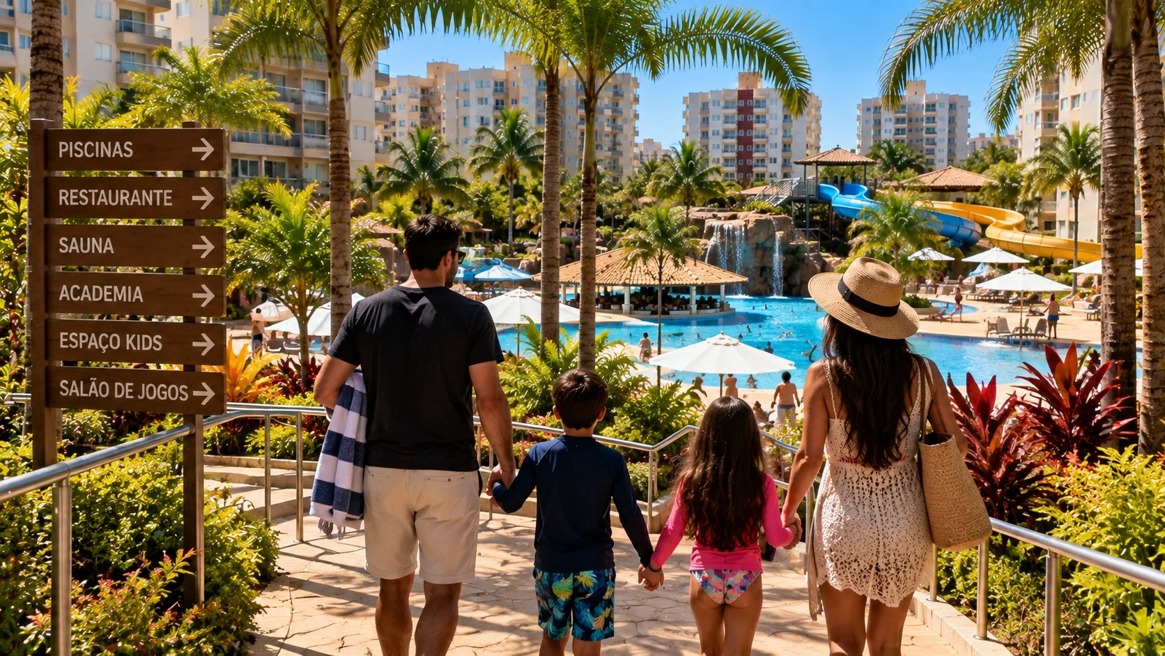 Primeira viagem a Caldas Novas em família chegando à área de lazer da hospedagem